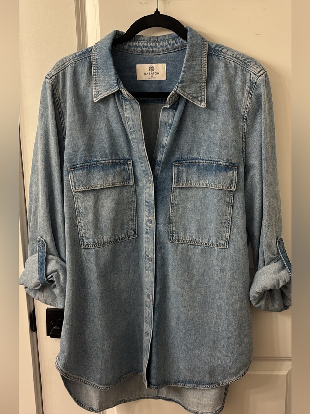 Babaton Washed Light Blue Denim Button-Down Shirt NWOT